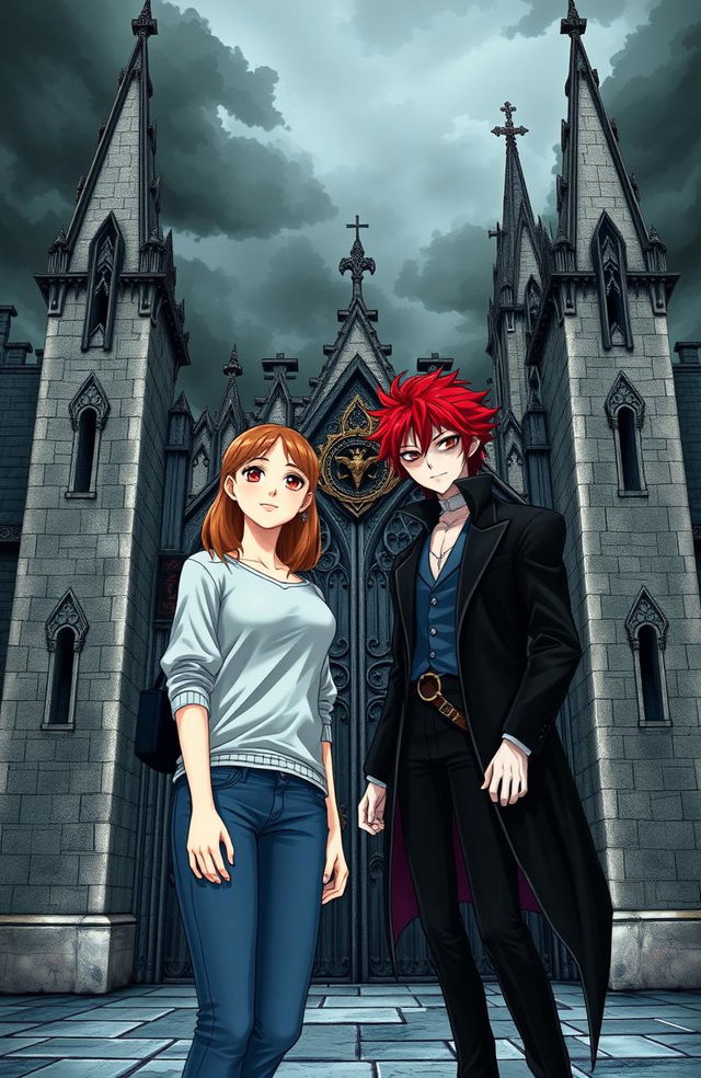 A normal girl standing beside a red-haired vampire man at the entrance of a vampire school