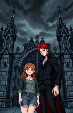 A normal girl standing beside a red-haired vampire man at the entrance of a vampire school