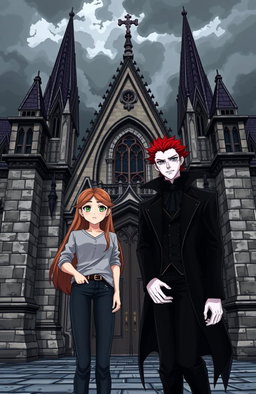 A normal girl standing beside a red-haired vampire man at the entrance of a vampire school