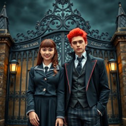 A normal woman in a school uniform standing beside a red-haired vampire man in front of the gate of a vampire school