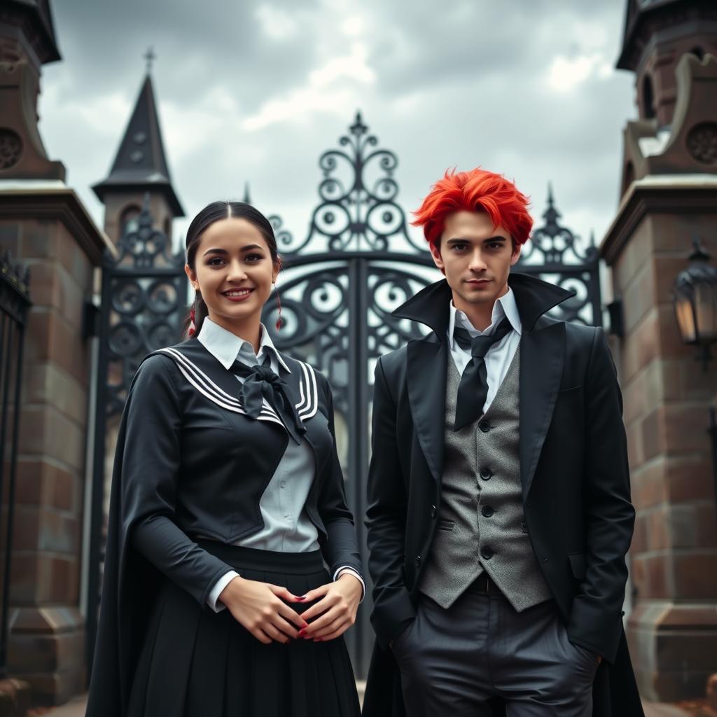 A normal woman in a school uniform standing beside a red-haired vampire man in front of the gate of a vampire school
