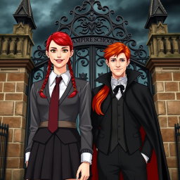 A normal woman in a school uniform standing beside a red-haired vampire man in front of the gate of a vampire school