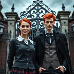 A normal woman in a school uniform standing beside a red-haired vampire man in front of the gate of a vampire school