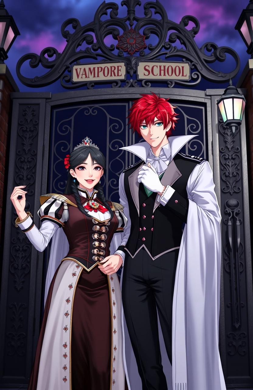 A scene featuring a confident Asian woman dressed in a regal uniform, playfully pretending to be a queen