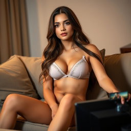 A young, attractive woman around 21 years old, sitting comfortably on a couch, watching TV