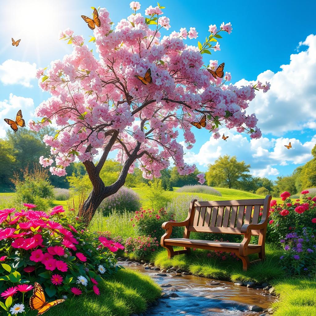 A stunning garden landscape featuring vibrant flowers, lush greenery, and a gentle stream flowing through the scene