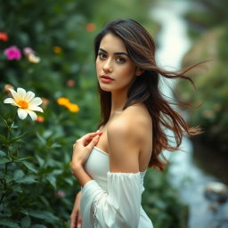 A serene and artistic portrayal of a woman of Iranian descent, elegantly captured in a natural setting