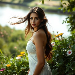 A serene and artistic portrayal of a woman of Iranian descent, elegantly captured in a natural setting
