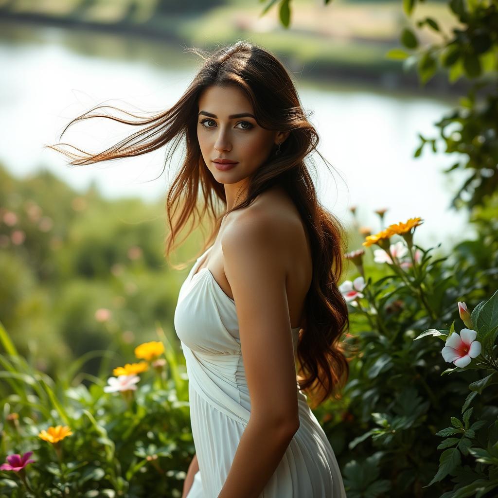 A serene and artistic portrayal of a woman of Iranian descent, elegantly captured in a natural setting