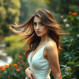 A serene and artistic portrayal of a woman of Iranian descent, elegantly captured in a natural setting