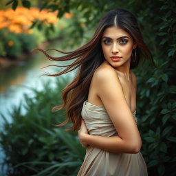 A serene and artistic portrayal of a woman of Iranian descent, elegantly captured in a natural setting