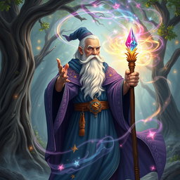 A powerful wizard casting a vibrant spell, surrounded by swirling magical energy and colorful arcane symbols, wearing an intricate robe adorned with stars and celestial patterns