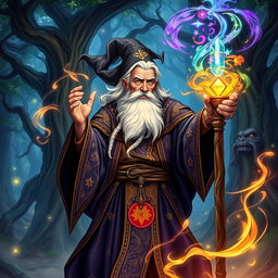 A powerful wizard casting a vibrant spell, surrounded by swirling magical energy and colorful arcane symbols, wearing an intricate robe adorned with stars and celestial patterns
