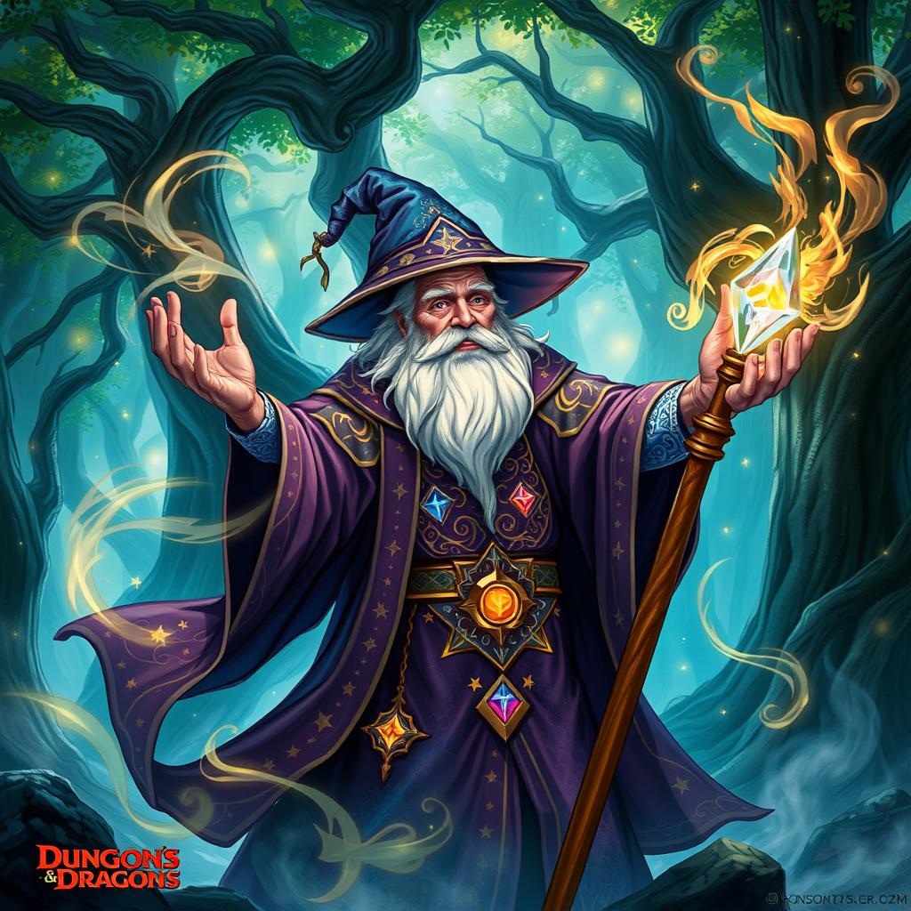 A powerful wizard casting a vibrant spell, surrounded by swirling magical energy and colorful arcane symbols, wearing an intricate robe adorned with stars and celestial patterns