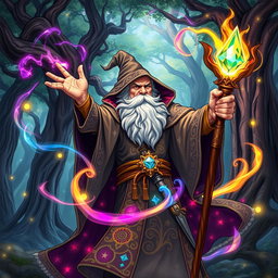 A powerful wizard casting a vibrant spell, surrounded by swirling magical energy and colorful arcane symbols, wearing an intricate robe adorned with stars and celestial patterns