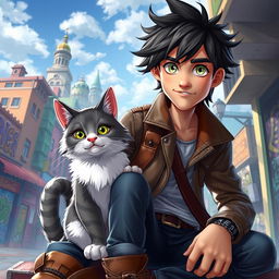 A stunning visual depicting a charismatic character named Jack, accompanied by his loyal cat, Befellw