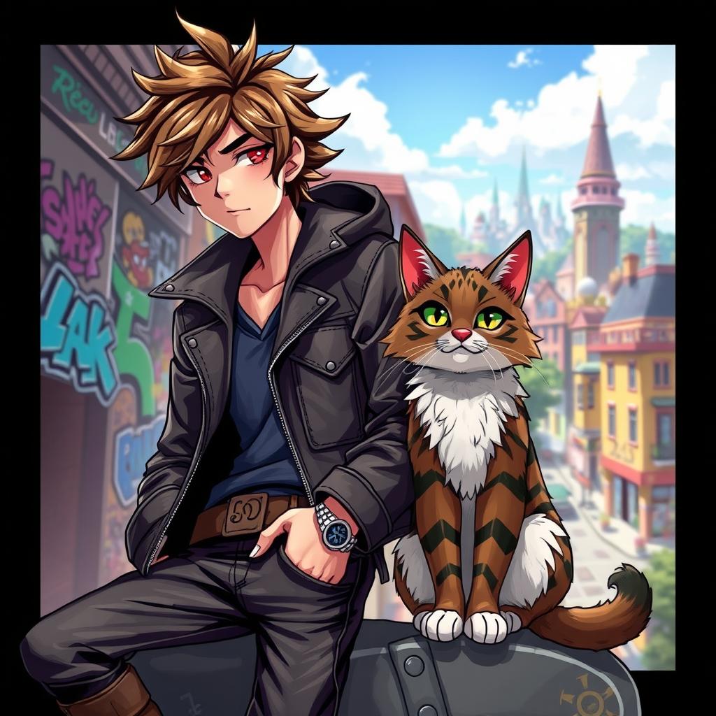 A stunning visual depicting a charismatic character named Jack, accompanied by his loyal cat, Befellw