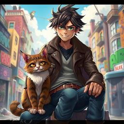 A stunning visual depicting a charismatic character named Jack, accompanied by his loyal cat, Befellw