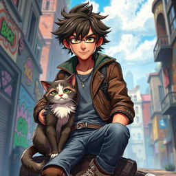 A stunning visual depicting a charismatic character named Jack, accompanied by his loyal cat, Befellw