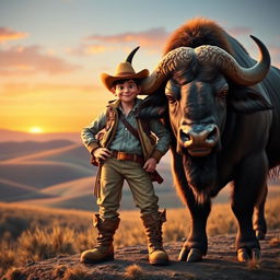 A captivating scene featuring Jack, a rugged and adventurous character, standing proudly beside a majestic buffalo