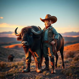 A captivating scene featuring Jack, a rugged and adventurous character, standing proudly beside a majestic buffalo