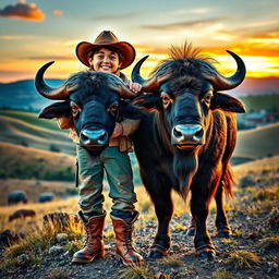 A captivating scene featuring Jack, a rugged and adventurous character, standing proudly beside a majestic buffalo
