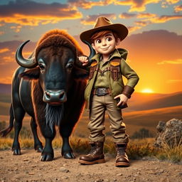 A captivating scene featuring Jack, a rugged and adventurous character, standing proudly beside a majestic buffalo