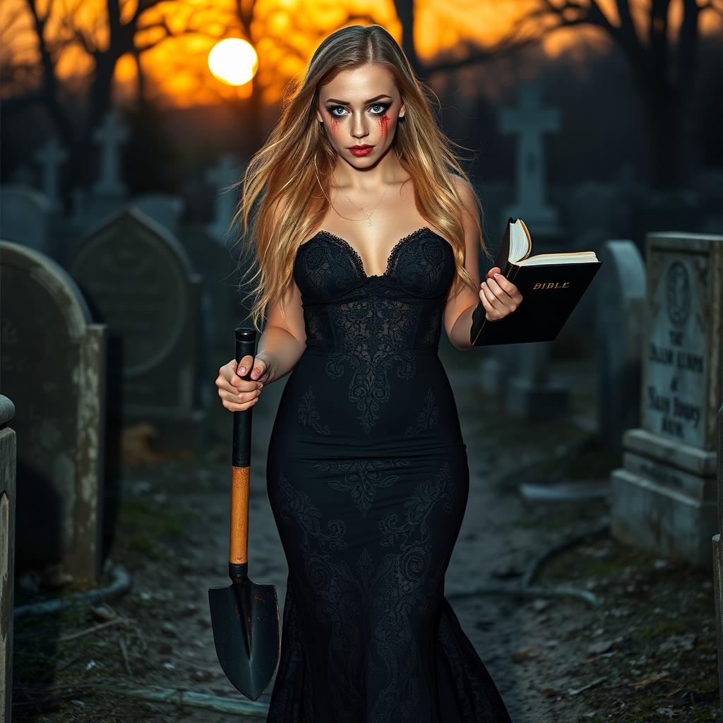 A stunning and striking portrait of an 18-year-old girl with blue eyes and long blonde hair, wearing an elegant and tight-fitting long black lace gown that accentuates her shapely figure