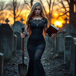 A stunning and striking portrait of an 18-year-old girl with blue eyes and long blonde hair, wearing an elegant and tight-fitting long black lace gown that accentuates her shapely figure