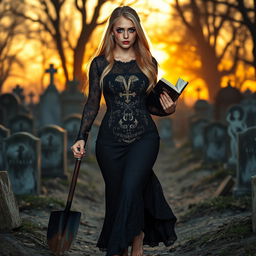 A stunning and striking portrait of an 18-year-old girl with blue eyes and long blonde hair, wearing an elegant and tight-fitting long black lace gown that accentuates her shapely figure