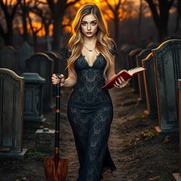 A stunning and striking portrait of an 18-year-old girl with blue eyes and long blonde hair, wearing an elegant and tight-fitting long black lace gown that accentuates her shapely figure