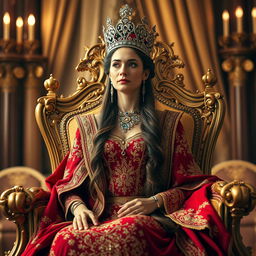 A majestic queen seated on an ornate throne adorned with jewels, wearing an elaborate royal gown in deep red and gold, with intricate embroidery and a shimmering crown on her head