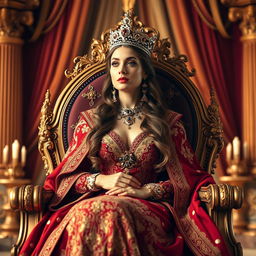 A majestic queen seated on an ornate throne adorned with jewels, wearing an elaborate royal gown in deep red and gold, with intricate embroidery and a shimmering crown on her head