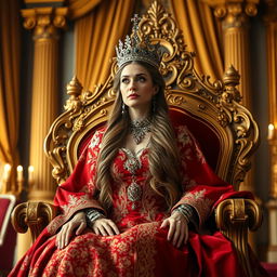 A majestic queen seated on an ornate throne adorned with jewels, wearing an elaborate royal gown in deep red and gold, with intricate embroidery and a shimmering crown on her head