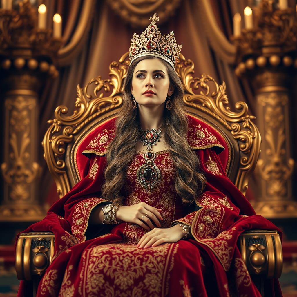 A majestic queen seated on an ornate throne adorned with jewels, wearing an elaborate royal gown in deep red and gold, with intricate embroidery and a shimmering crown on her head
