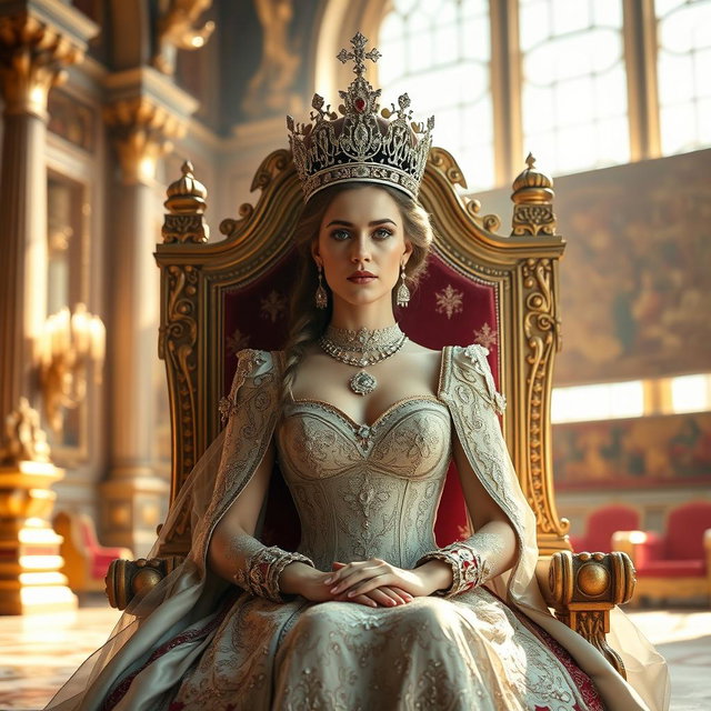A majestic and regal queen sitting on an ornate throne in a grand palace, wearing an elaborate gown adorned with jewels and intricate embroidery