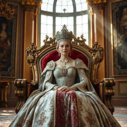A majestic and regal queen sitting on an ornate throne in a grand palace, wearing an elaborate gown adorned with jewels and intricate embroidery
