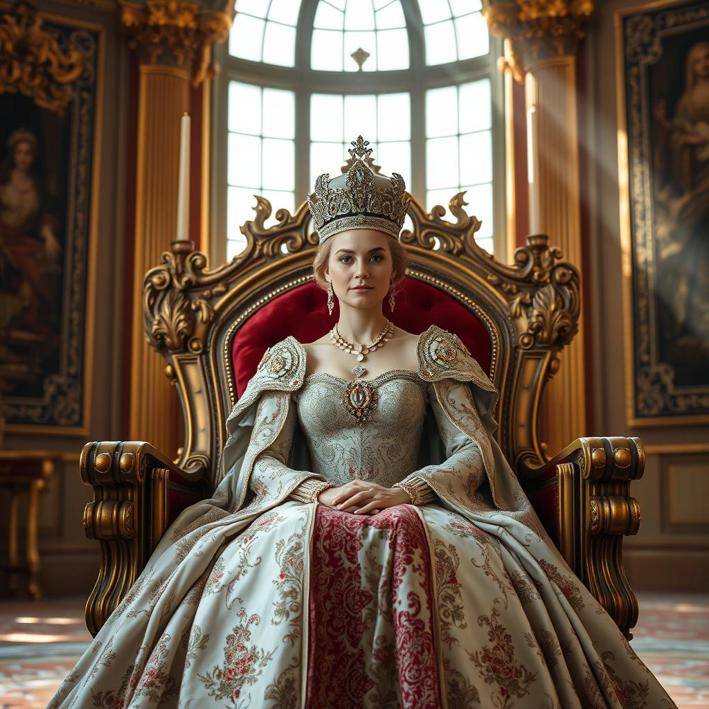 A majestic and regal queen sitting on an ornate throne in a grand palace, wearing an elaborate gown adorned with jewels and intricate embroidery
