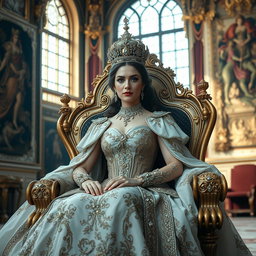 A majestic and regal queen sitting on an ornate throne in a grand palace, wearing an elaborate gown adorned with jewels and intricate embroidery