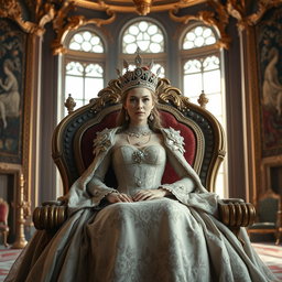 A majestic and regal queen sitting on an ornate throne in a grand palace, wearing an elaborate gown adorned with jewels and intricate embroidery