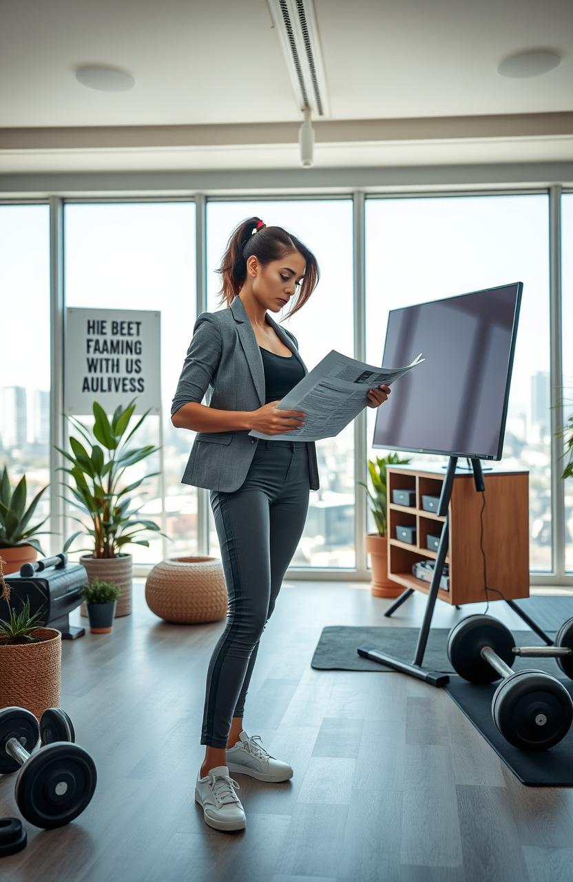 A determined and confident entrepreneur in a modern office environment, surrounded by fitness gear and motivational quotes