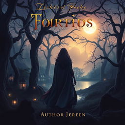 A captivating book cover design featuring a mystical forest scene at twilight, with towering ancient trees and soft glowing lights scattered among the branches