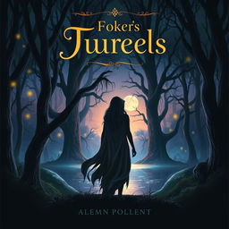 A captivating book cover design featuring a mystical forest scene at twilight, with towering ancient trees and soft glowing lights scattered among the branches