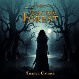 A captivating book cover design featuring a mystical forest scene at twilight, with towering ancient trees and soft glowing lights scattered among the branches
