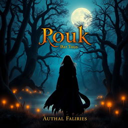 A captivating book cover design featuring a mystical forest scene at twilight, with towering ancient trees and soft glowing lights scattered among the branches