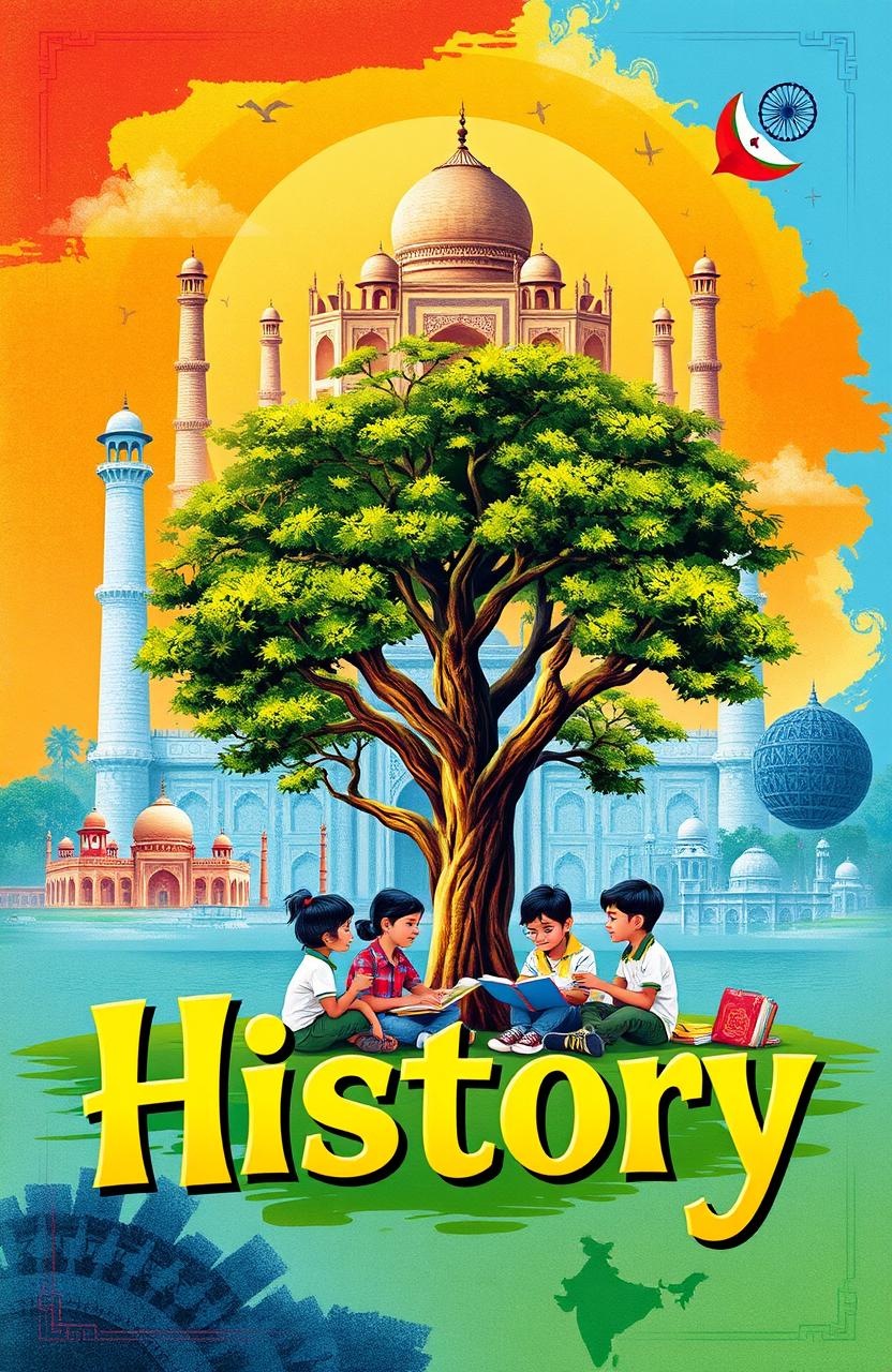 A visually engaging book cover depicting the connection between ancient world history and modern India