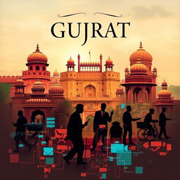 A vibrant A4 book cover design that intricately highlights the cultural aspects of Gujrat, India, showcasing its rich heritage and historical venues