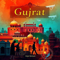 A vibrant A4 book cover design that intricately highlights the cultural aspects of Gujrat, India, showcasing its rich heritage and historical venues