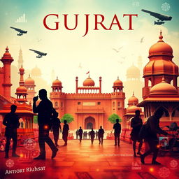 A vibrant A4 book cover design that intricately highlights the cultural aspects of Gujrat, India, showcasing its rich heritage and historical venues