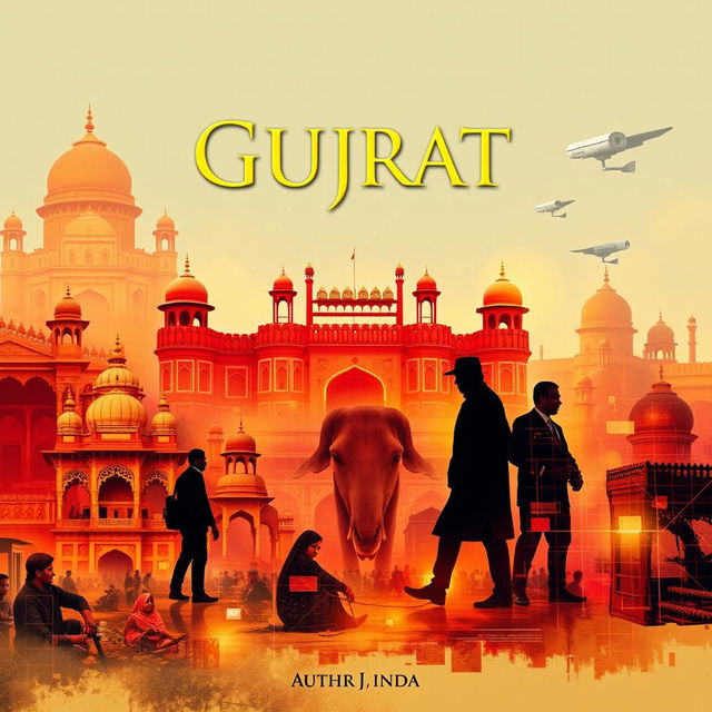 A vibrant A4 book cover design that intricately highlights the cultural aspects of Gujrat, India, showcasing its rich heritage and historical venues